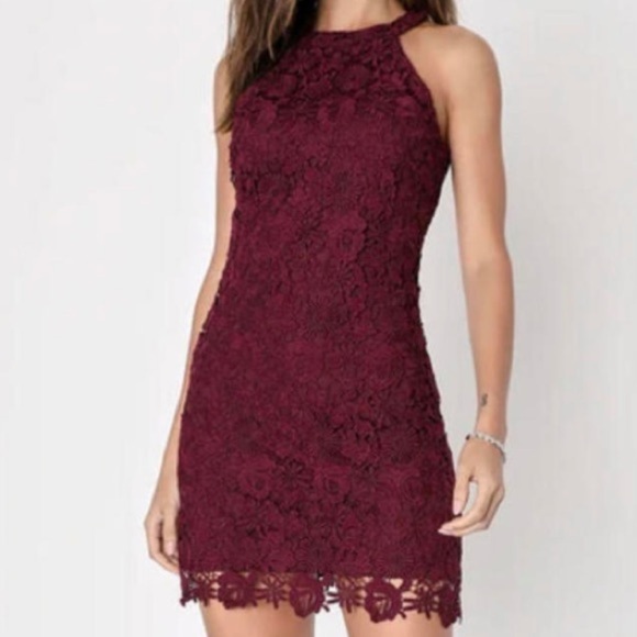 Lulus Dresses & Skirts - Lulus Love Poem Burgundy Lace Halter Mini Dress